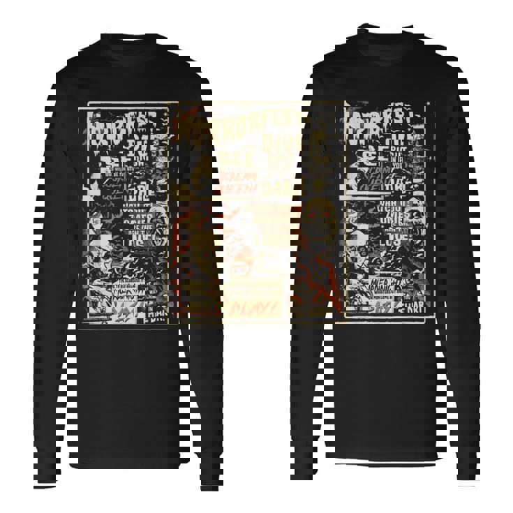 ビンテージホラーフェストポスターハロウィン映画オールドタイムホラー 長袖Tシャツ