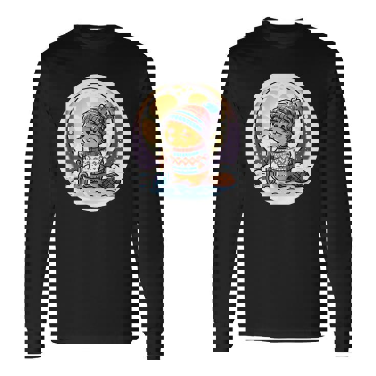 ビーバームーン 冬のワンダーランドのかわいいビーバー 長袖Tシャツ