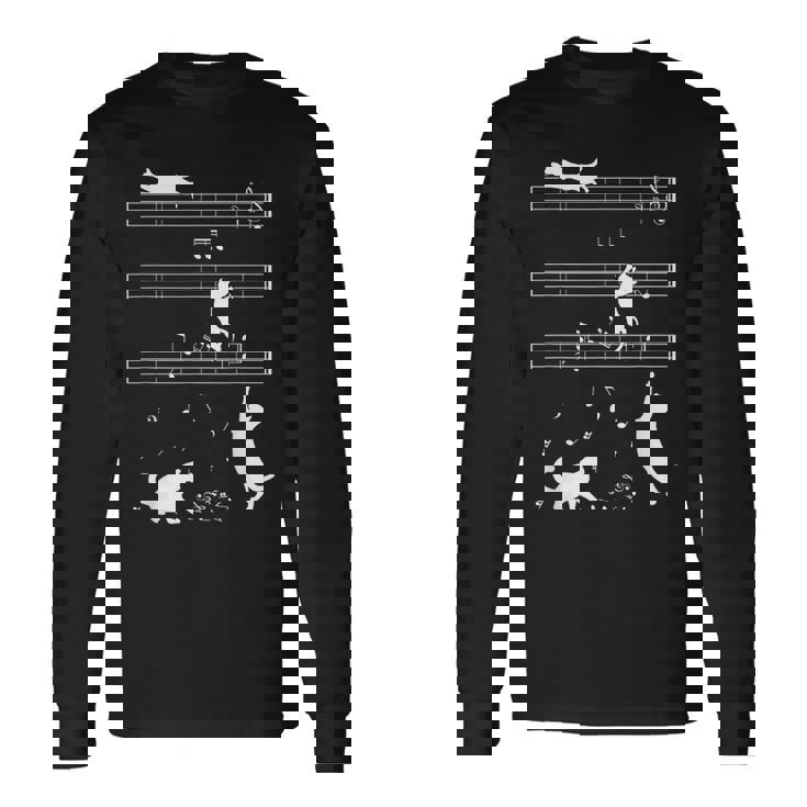 ピアノ音符 遊び心のある猫 長袖Tシャツ