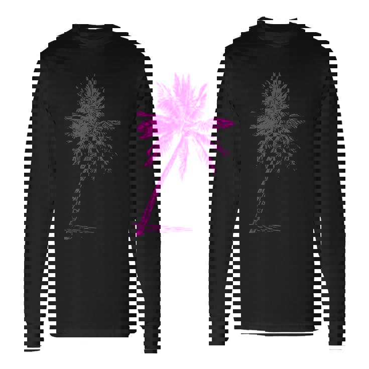 ピンクパームビーチウェア サーフィンレトロ パームツリー 長袖Tシャツ