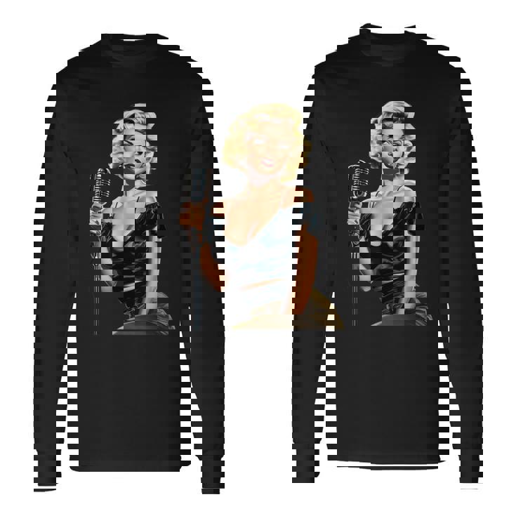 ピンナップガール ビンテージマイク 歌う オールドスクール 長袖Tシャツ ギフトのアイデア