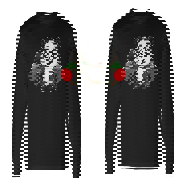 ピンポン卓球をするかわいいパンダ 長袖Tシャツ