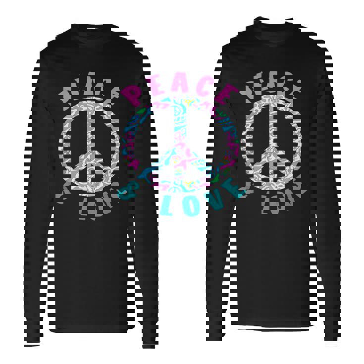 ピースアンドラブカラフルヒッピーシンボル 長袖Tシャツ