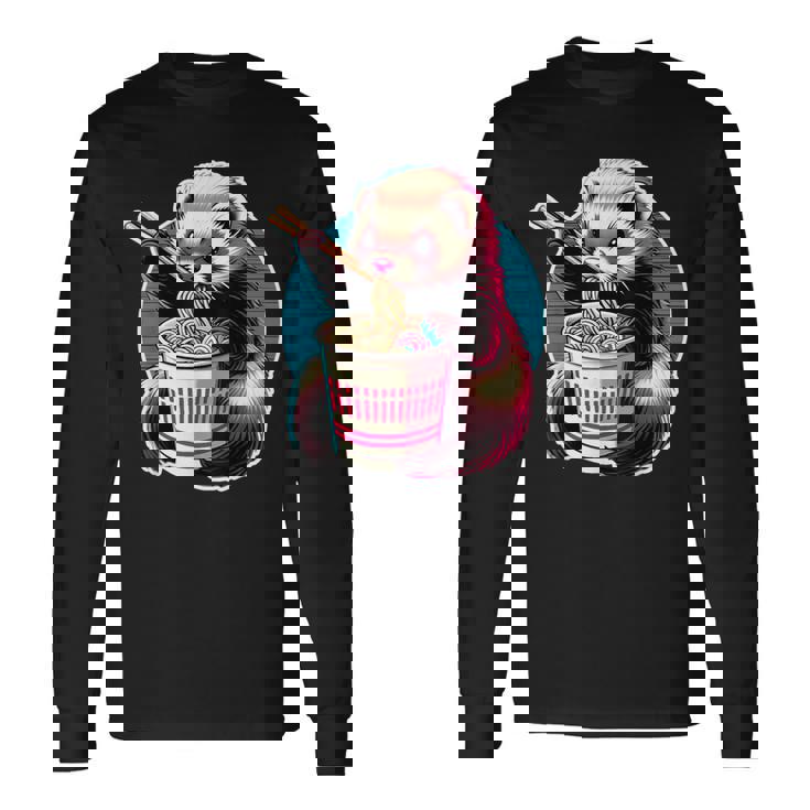 フェレットの飼い主かわいいカワイイアニメフェレットがラーメン丼 T シャツを食べる 長袖Tシャツ