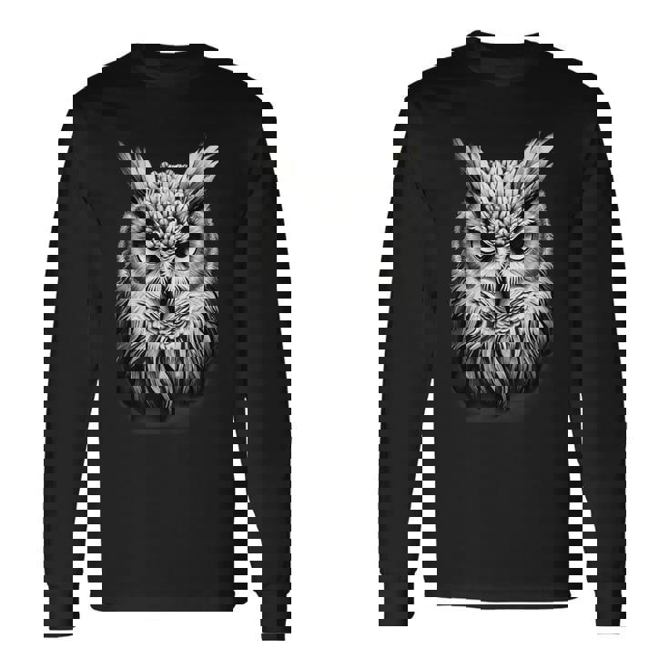 フクロウ 肖像画 アートワーク 図面 動物愛好家 アニマルプリント 長袖Tシャツ