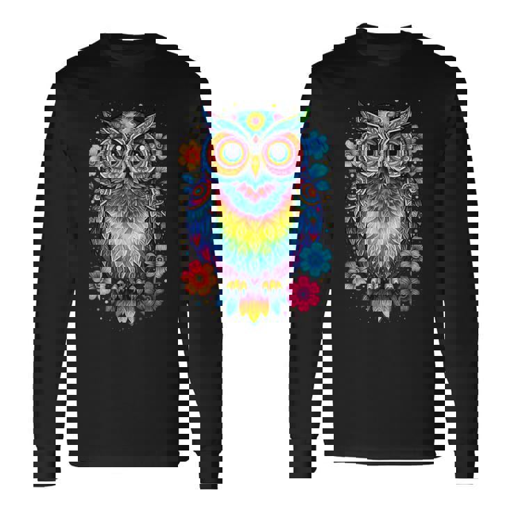 フクロウと花 カラフルなアートワーク フクロウの恋人 長袖Tシャツ