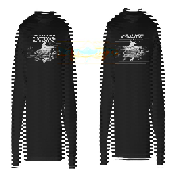 フライフィッシング モンタナ レトロ 風景 トラウト シルエット 長袖Tシャツ