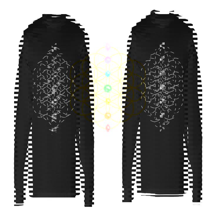 フラワー・オブ・ライフ、チャクラ、神聖幾何学、精神性、ヨガ 長袖Tシャツ