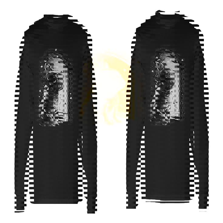 フレンチブルドッグ 夜のかわいいフレンチドッグ 長袖Tシャツ