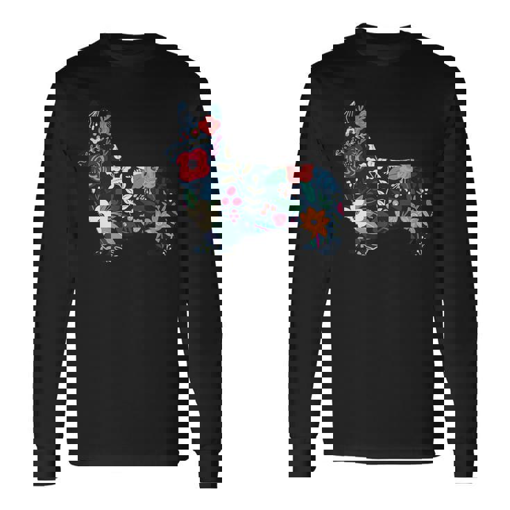 フローラルコーギーシルエット コーギー犬愛好家 長袖Tシャツ