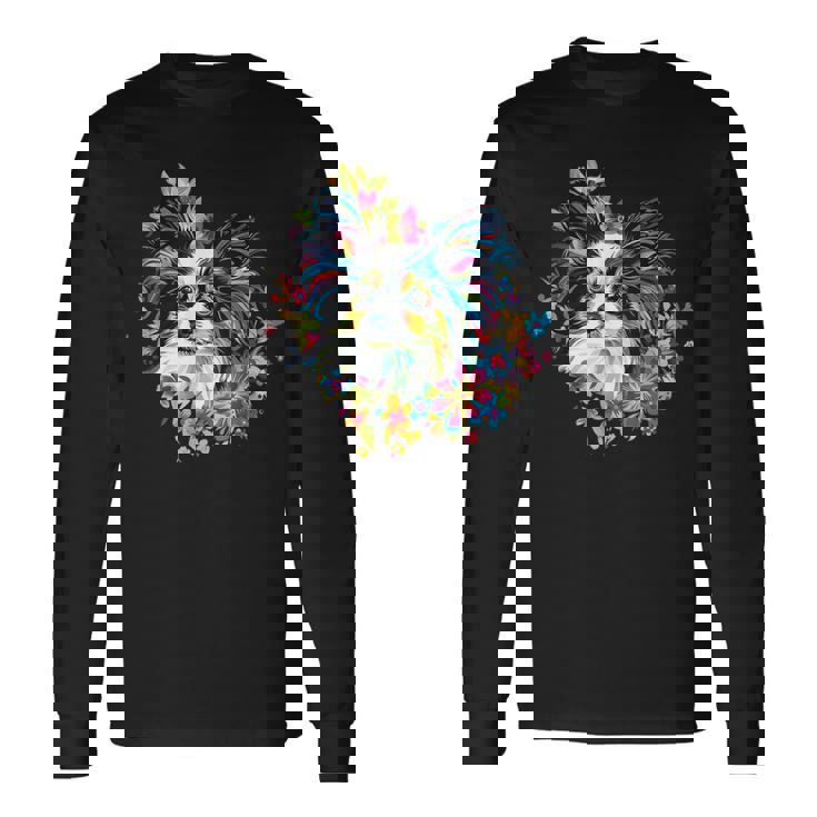 フローラル・ポップ・アート カラフルなパピヨン 長袖Tシャツ