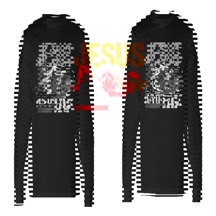ブラジリアン柔術 ジーザス・ハズ・ユア・バック 面白いクリスチャンbjj 長袖Tシャツ