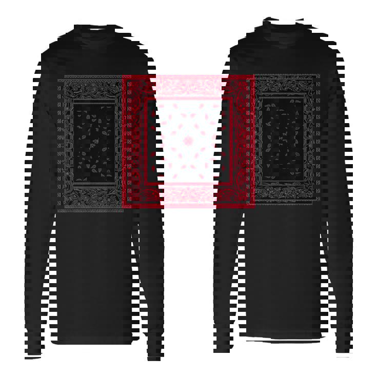 メンズ ブラックレッドバンダナプリントtシャツ ペイズリー柄 レッドラグ 長袖Tシャツ