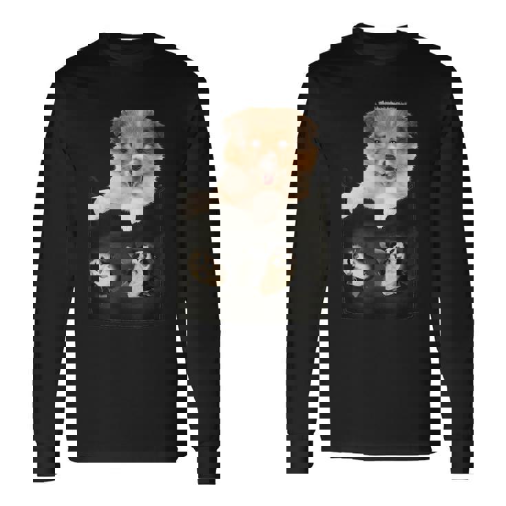 プリントポケットに入ったコリー犬 犬好きに面白い 長袖Tシャツ