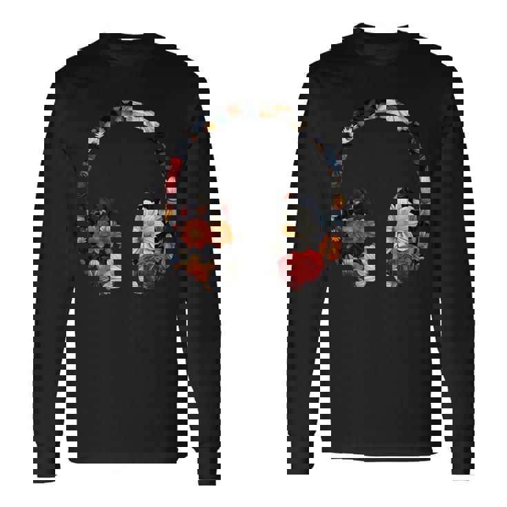 ヘッドフォンのシルエット 花柄 ボタニカル・フラワー 長袖Tシャツ