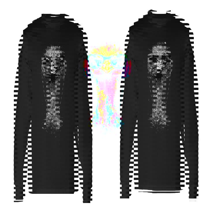 ヘッドフォン付きダチョウの鳥 カラフルなエミュー音楽djブーケ 長袖Tシャツ