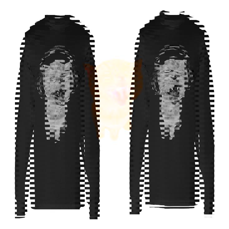 ヘッドフォン付き猫 ミーム 長袖Tシャツ