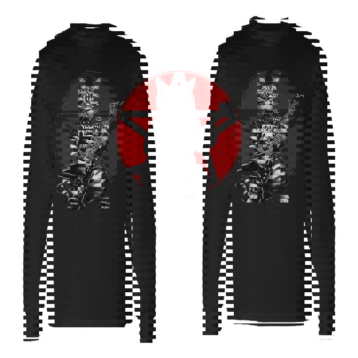 ヘヴィメタル猫とデスメタルミュージック メタルヘッド ロックギター 長袖Tシャツ