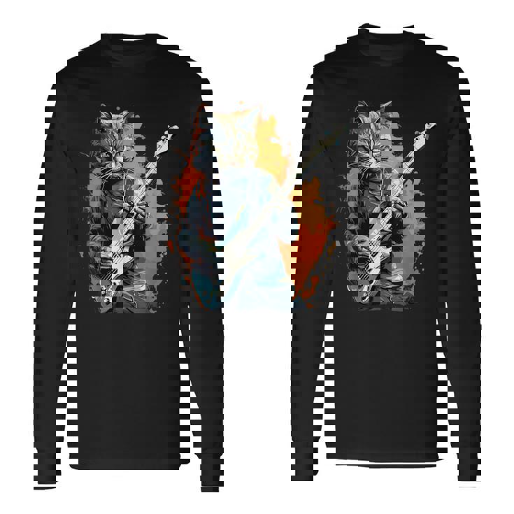 ベースギター 音楽 猫 ギターを弾く 長袖Tシャツ