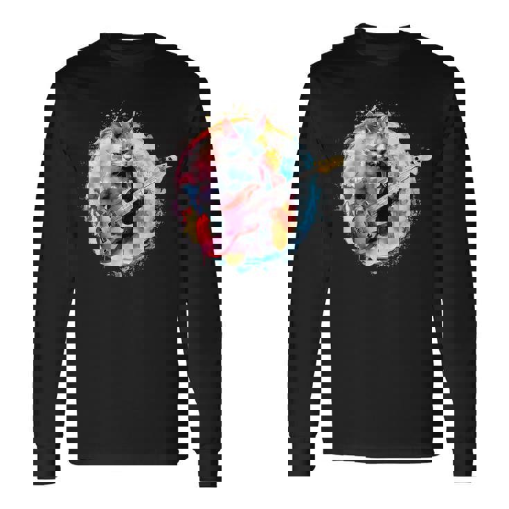 ベースギターを弾く猫水彩グラフィックデザイン 長袖Tシャツ