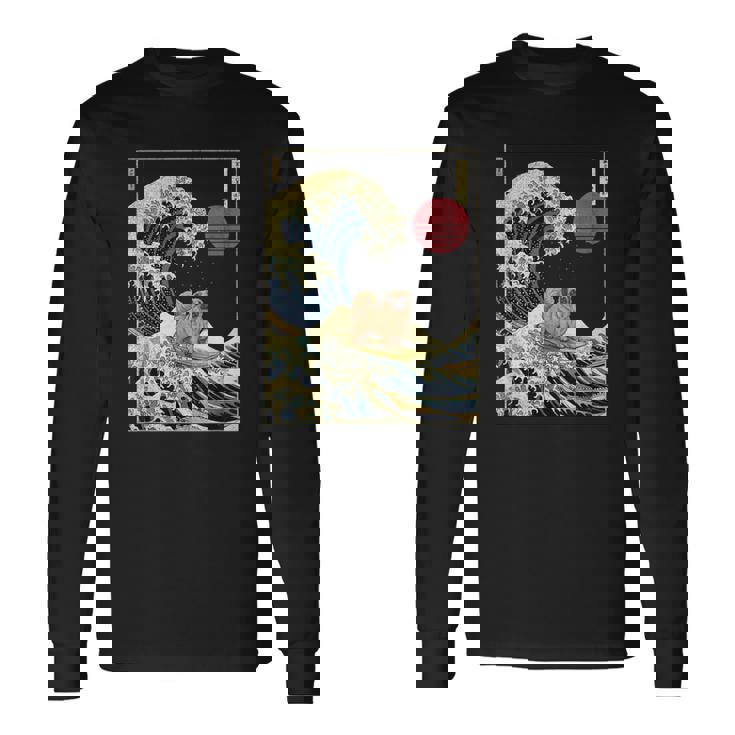 ペキニーズ日本神奈川波 おもしろサーフドッグ 長袖Tシャツ