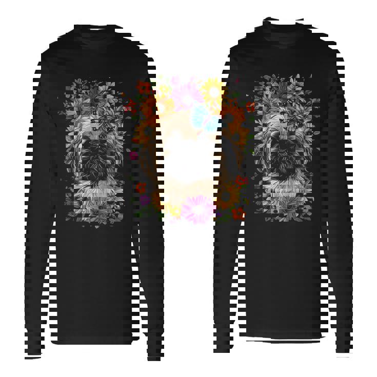 ペキニーズ犬 キュート 花柄 ひまわり コテージコア ママ お父さん 長袖Tシャツ