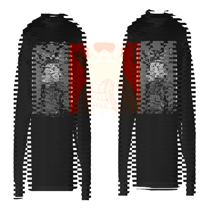 ペルシャ猫 日本美術 サムライ 浮世絵 ヴィンテージ 長袖Tシャツ