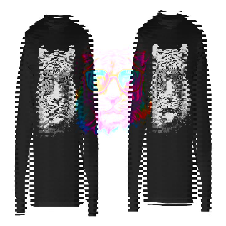 ホワイトタイガー サングラス カラフル アート 動物 虎 長袖Tシャツ