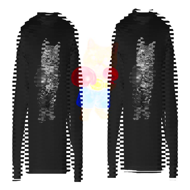 ボクシング をする 猫 ねこ 長袖Tシャツ