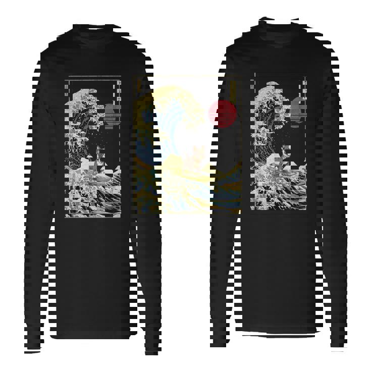 ボストンテリア 日本神奈川波 おもしろサーフドッグ 長袖Tシャツ ギフトのアイデア