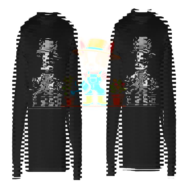 ボストンテリア 水やり 植物 ガーデニング 犬好き 長袖Tシャツ