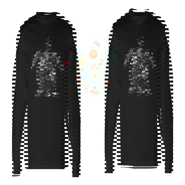 ボタニカルシルエットの花 海の花 ウミガメ 長袖Tシャツ
