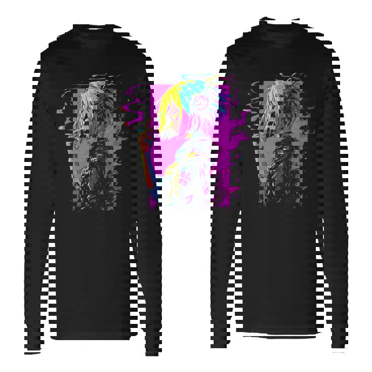 ボヘミアン・ガール、スモーキング・ガールのサイバーパンク・イラストレーション 長袖Tシャツ