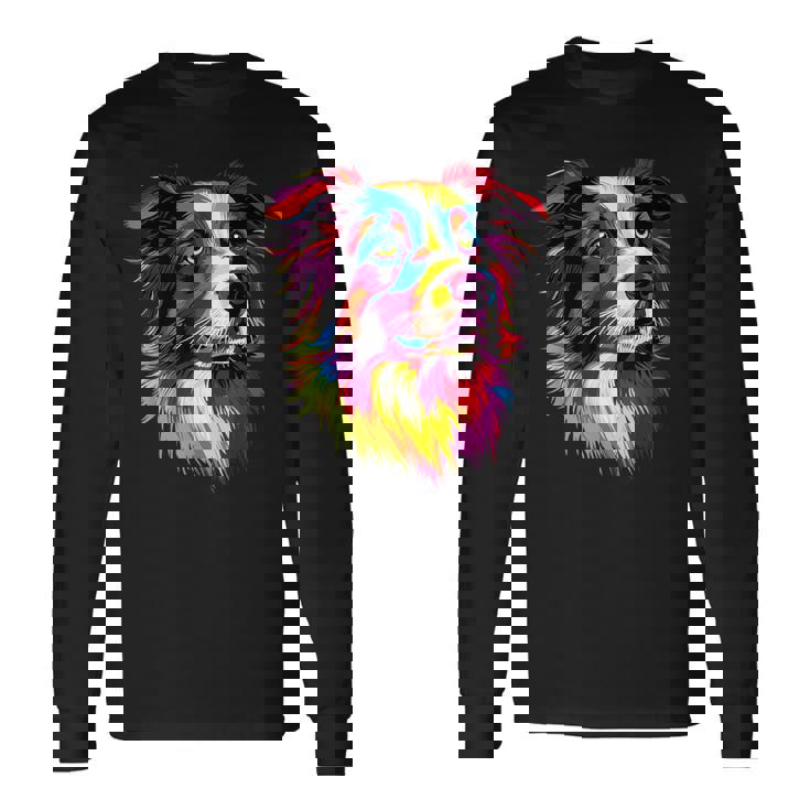 ボーダーコリー ポップアート レインボーカラー カラフル ボーダーコリー 長袖Tシャツ