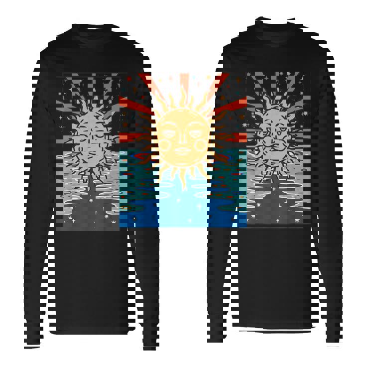 ボーホー 太陽と月 天体 三日月 フェイズ 長袖Tシャツ