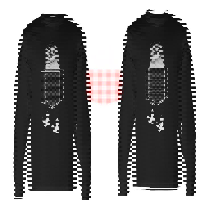ポケットから覗き出るかわいいペンギン 長袖Tシャツ