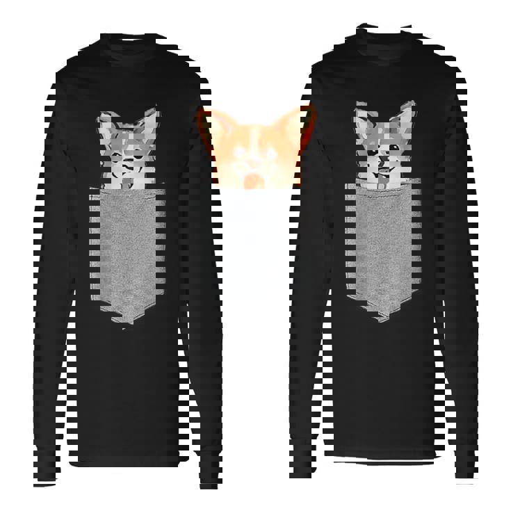 ポケットから覗く可愛いコーギーのデザイン 長袖Tシャツ