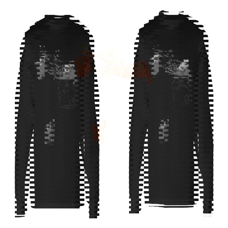 ポケットで遊ぶかわいいナマケモノの家族 長袖Tシャツ