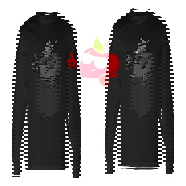ポケットに入ったクールなリンゴ、サングラスをかけたリンゴのぞき見。 長袖Tシャツ