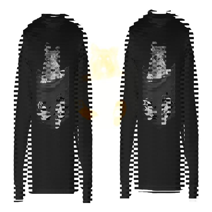 ポケットに入ったセーブルコリー犬、ラフコリーの子犬のぞき見 長袖Tシャツ