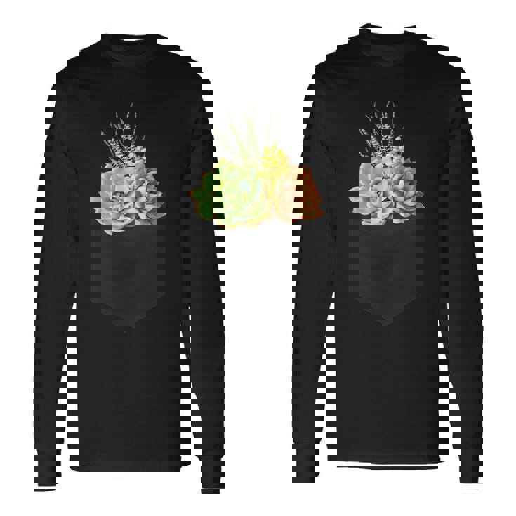 ポケットに入った多肉植物、胸にエケベリアセダム 長袖Tシャツ