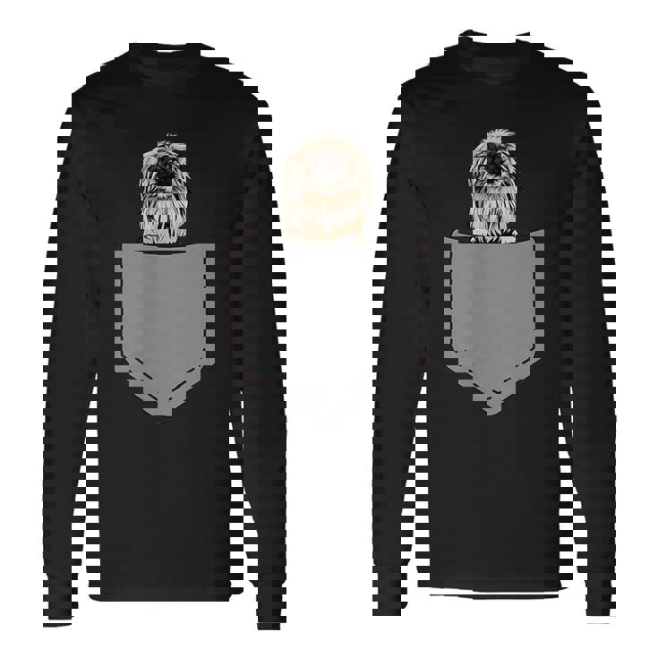 ポケットに入った面白いペキニーズ犬 犬愛好家 長袖Tシャツ