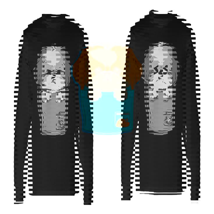 ポケット犬好きにはたまらないシーズー犬 長袖Tシャツ