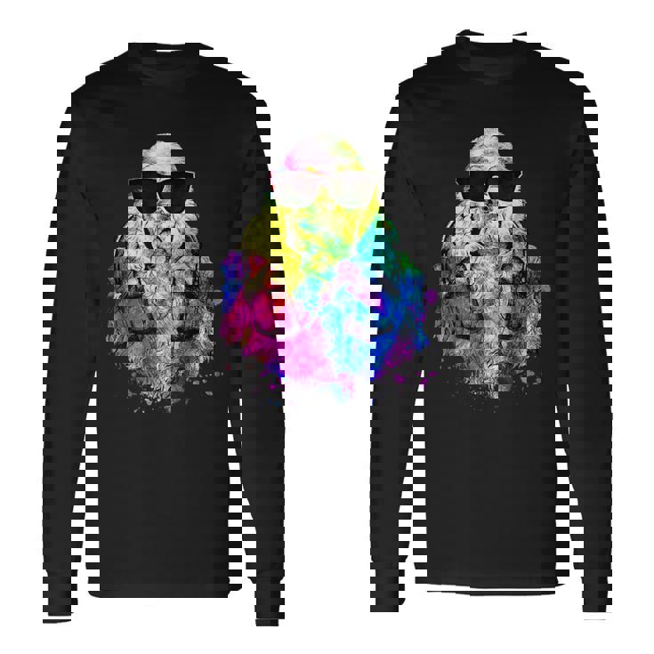 ポップアート アメリカンコッカー スパニエル 犬のポートレート ヘッドフォン付き 長袖Tシャツ