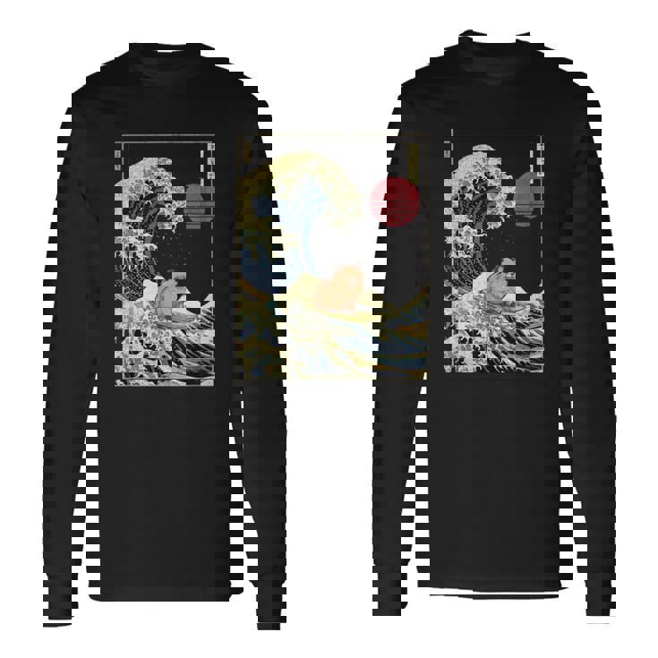 ポメラニアン 日本の神奈川波 おもしろサーフドッグ 長袖Tシャツ