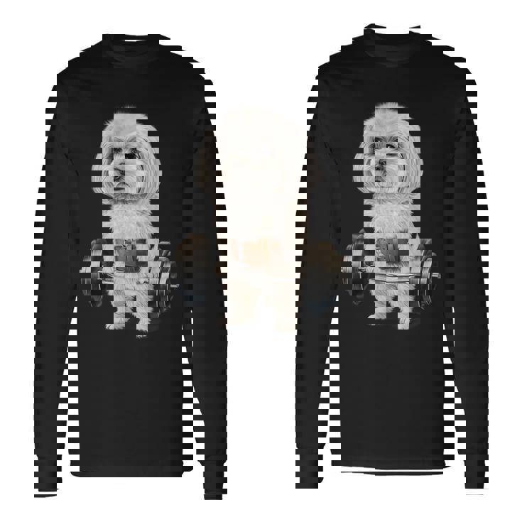 マルチーズドッグ筋トレ バーベルシュラッグバー フィットネス 長袖Tシャツ