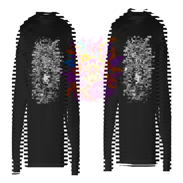 マルディグラ フェザー パープル マスク グリーン ニューオーリンズ 長袖Tシャツ