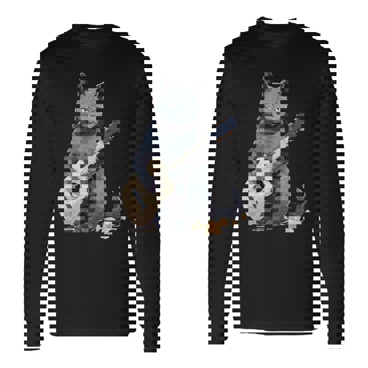 ミュージシャン ロシアンブルー猫 ギタリスト 猫とギター 長袖Tシャツ
