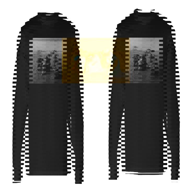 ミレー風アート猫の田植え 農作業をする三匹の猫たち 長袖Tシャツ