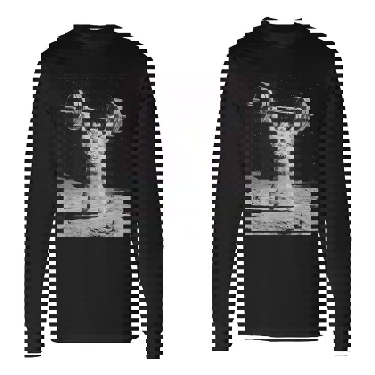 ムーンキャット 筋トレ 猫 フィットネス ジム ウェイトリフティング トレーニング 面白い猫 おもしろ 長袖Tシャツ